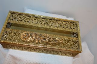 Vintage Filigree Gold Brass Tissue Box Holder Hinged Lid Gilded Roses,  10.  5 X 5 "