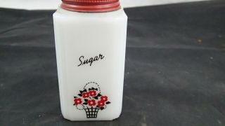 Vtg Tipp City McKee White Milk Glass Sugar Range Shaker Red Black Flower Basket 2