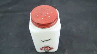 Vtg Tipp City McKee White Milk Glass Sugar Range Shaker Red Black Flower Basket 3