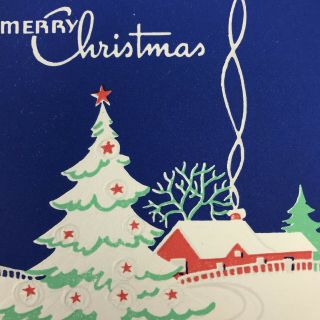 Vintage Early Mid Century Christmas Greeting Card Embossed Tree House Blue Sky