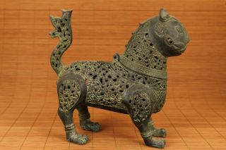 Rare Big Chinese Old Bronze Hand Casting Dragon Cat Statue Incense Burner