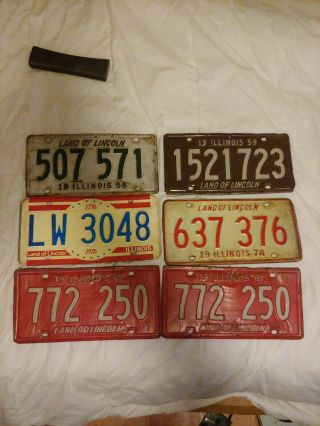 6 Vintage License Plates Illinois 1956 - 59 - 61 - 74 - 76
