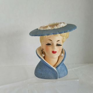 Vintage 1959 Napcowear Lady In Blue Head Vase.  Hat,  Collar Turned Up,  Earrings.