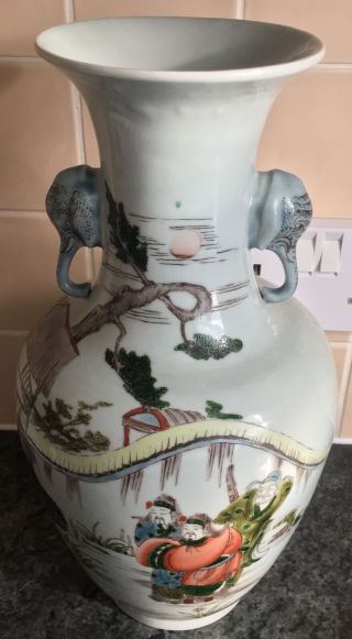 Signed Antique 13 " Chinese Celadon Famille Verte Elephant 2 Handled Poem Vase