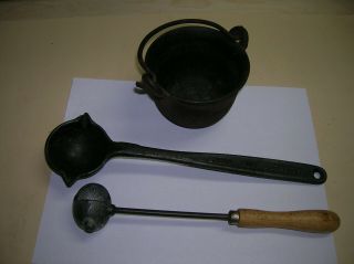 Vintage Cast Iron Swett 4 Melting Pot,  2 1/2 Swett Ladle & Lyman Bullet Ladle