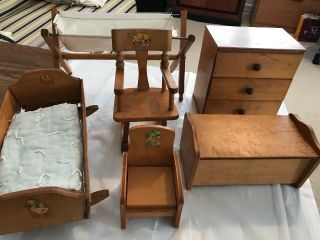 Vintage Strombecker Wooden Doll Furniture - Dresser,  Chest,  Bed,  Rocking Chair,