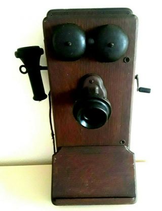 Vtg Antique Kellogg Hand Crank Wooden Box Wall Telephone Phone