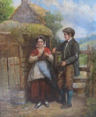 Antique English Oil Painting Thomas Faed A Delicate Question C.  1884