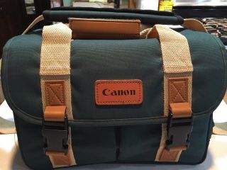 Vintage Canon Camera Lens Bag Green & Tan Nylon Case With Shoulder Strap Euc