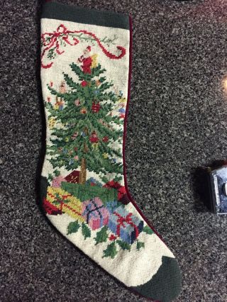 Vtg Completed Christmas Tree & Santa Needlepoint Stocking Sock