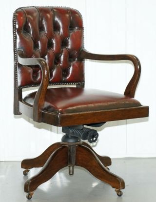 Rare Circa 1910 Restored Oxblood Leather Office Captains Chair Solid Oak Frame