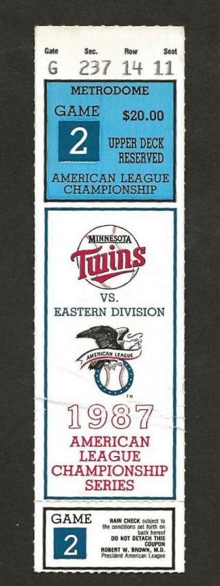 Minnesota Twins 1987 Alcs Game 2 Ticket Stub Vs Detroit Tigers