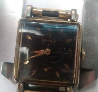 Mens Square Black Face 21 Jewel Benrus Vintage Wrist Watch Runs Smooth