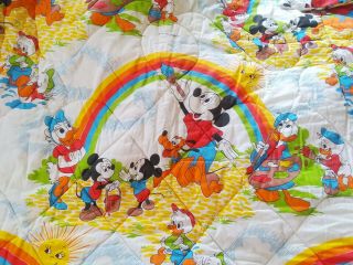 Disney Mickey Mouse Rainbow Vtg Twin Bedspread Blanket Comforter Pluto Daffy Hue