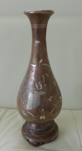 Antique Chinese Bronze Vase With Silver Inlaid Warriors Decoration