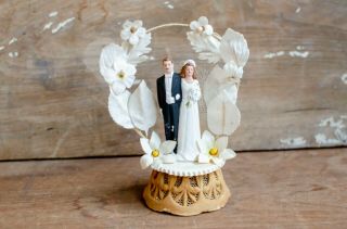 Antique Vintage Wedding Cake Topper Bride & Groom With Flowers