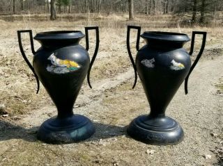 2 Antique The Kramer Bros Co Fox Cast Iron Garden Urns Planters Victorian Pots