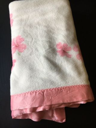 Vintage Soft Blanket Pink Roses Pink Satin Trimmed Acrylic 72 X 84
