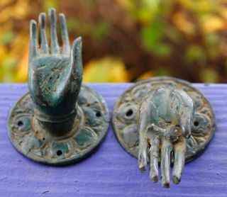 Buddha Abhaya Mudra Handle Knob Hook Verdigris Bronze Vintage Bali Art Set 2