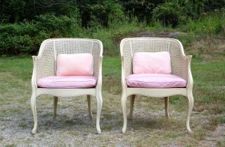 Vintage Pair French Provincial Caned Barrel Back Chairs Bergere Armchairs 2