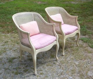 Vintage Pair French Provincial Caned Barrel Back Chairs Bergere Armchairs 3