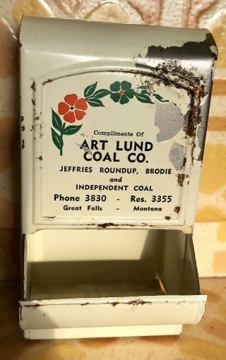 VINTAGE MONTANA ART LUND COAL CO.  ADVERTISING TIN MATCH WALL SAFE OLD S&H 2