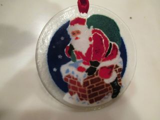 Vintage Peggy Karr Fused Glass Rooftop Santa Claus Christmas Ornament 2003