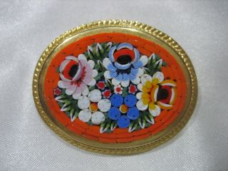 Vintage Gold Tone Orange Floral Micro Mosaic Brooch Pin