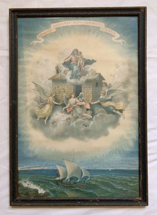 Antique Madonna And Child Mary Jesus Ship Angels Framed Lithograph Print Latin