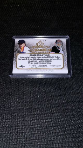 2019 LEAF IN THE GAME SPORTS JERSEY PATCH DUAL NOLAN RYAN MARTIN BRODEUR /5 2