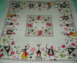 Vtg Farm Scene Cotton Printed Tablecloth 45.  5 X 50.  5 Rooster Farmer Wife Barn