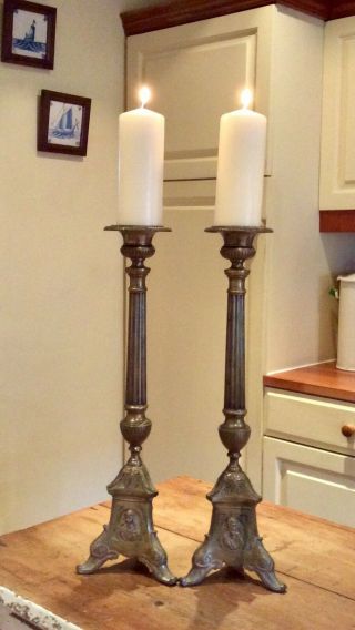 A Large 19th Century French Brass Pricket Candlesticks On Triform Bases