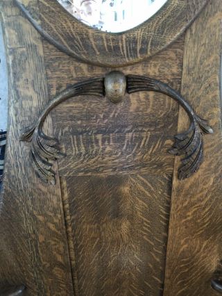Antique Vintage American Oak Hall Tree Beveled Mirror Storage seat brass hooks 3
