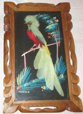 2 Vintage Mexican Feather Craft Bird Pictures Hand Carved Wood Framed Folk Art 2