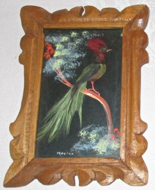 2 Vintage Mexican Feather Craft Bird Pictures Hand Carved Wood Framed Folk Art 3