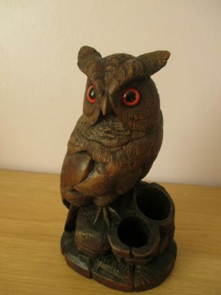 Antique Black Forest Owl Tobacco Jar Wood Carving Swiss