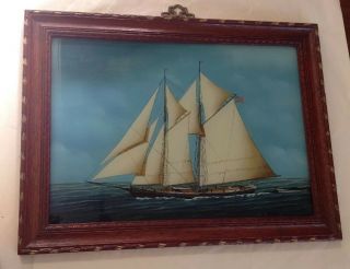 Vintage Reverse Painting Glass American Sailing Ship Nautical Maritime Seascape