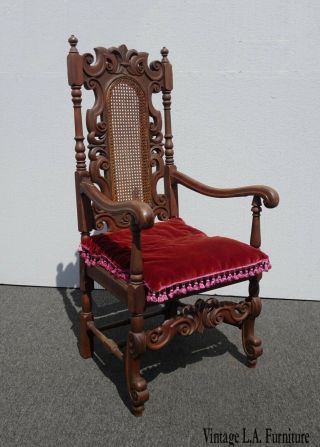Vintage Spanish Revival Ornate Cane Throne Accent Chair W Red Velvet Cushion