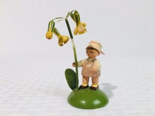 Vintage Germany Erzgebirge Wooden Figure Girl W/ Flowers 3” Christmas Ornament 2