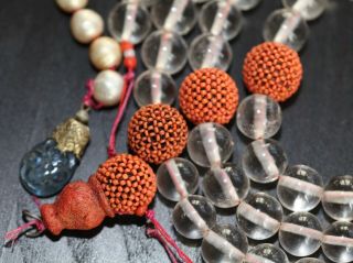 Antique Chinese Bead Coral & Rock Crystal Mandarin Court Necklace,  Qing Dynasty.