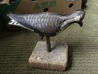 Antique Early Duck Decoy Wood Pecker Primitive Metal Folk Art Painted On Stand