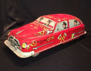 Vintage Lupor Tin Litho Fire Chief Toy Friction Siren Car Made In Usa 4passenger