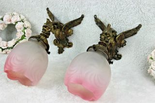 Pair Antique French Bronze Gothic Castle Dragon Sconces Wall Lights Glass Pink