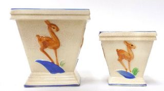 Vintage Pair Ceramic Planters With Art Deco Deer Design Japan 2 Sizes