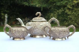 Antique Chinese Export Solid Silver Floral Tea Set 1013g C.  1900 (r3066)