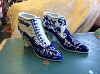 Vintage 7 - 1/2” White Porcelain Hand Painted Blue Old Fashioned Shoe Boots