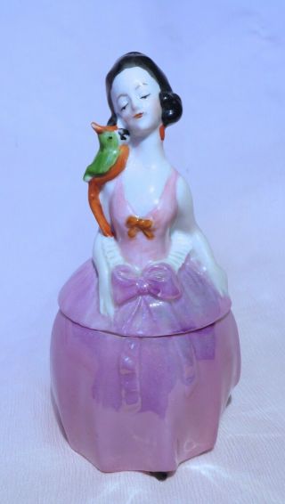 Antique German Lady Powder/trinket Box/pot/jar Germany Dresser Half/doll & Bird