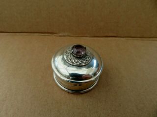 Fine Solid Sterling Silver English Hallmarked 1909 Gem Set Snuff Box / Pill Box
