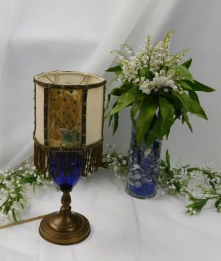 Vintage Art Nouveau Cobalt Blue Desk Lamp With Handmade 10 " Ruffled Silk Shade