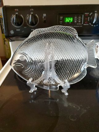 Vintage Clear Depression Glass Embossed Fish Shape Oven Proof Usa Plate Platter